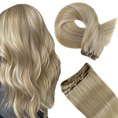 Hetto Weft Hair Extensions Real Human Hair Highlight Ash Blonde with Golden Blonde Sew in Remy Double Weft Weave Extensions 12 Inch 70g/Pack #17/23