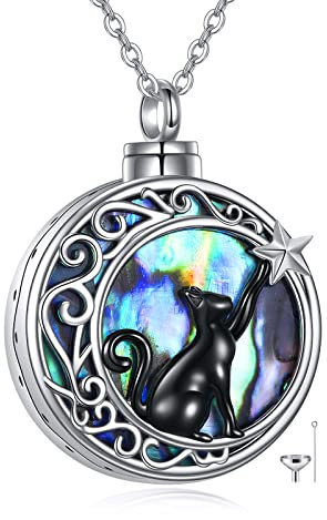 YFN Collana con urna di gatto per le ceneri Ciondolo con conchiglia di abalone in argento sterling con luna di gatto nera Keepsake Memorial Cremation Gioielli per le donne