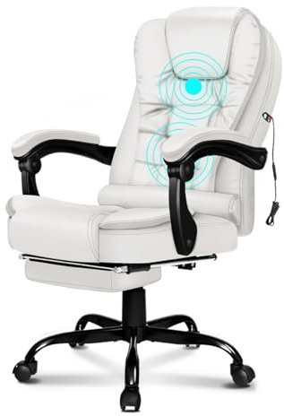 ELFORDSON Massage Office Chair with Footrest 2 Points Vibration, Office Desk Chairs for Heavy People, Reclining Chairs Ergonomic Executive Chair, Height Adjustable, 360° Swivel, PU Leather, White