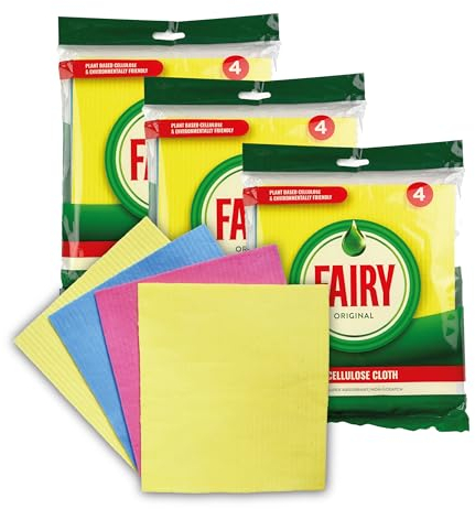 Fairy Original Plant-Based Eco Cellulose Wipe Clean Reusable Sponge Cloths, Mixed Colours, Bulk Pack of 12 Sponge Cloths