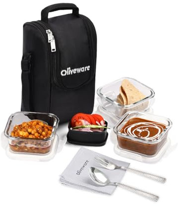 SOPL-OLIVEWARE Executive Glassware Lunchbox, Borosilicate Glass, Microwave & Freezer Safe, Set of 3 with BPA Free Lid (320ml) Each - Black