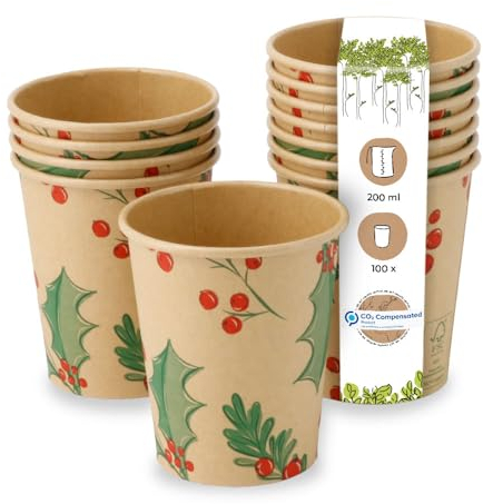 BIOZOYG 100 Bicchieri monouso da 200 ml Inverno 'Rami' per caffè da asporto biodegradabili. Bicchieri monouso per mercatini invernali in carta compostabile non sbiancata