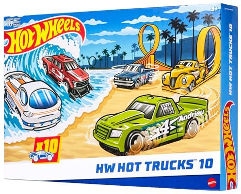 Hot Wheels Toy Trucks 10-Pack (Assorted Styles, One Random Set), Set of 10 Die-Cast 1:64 Scale Utility, Racing & Other Pickups or Vans, Modern & Retro Models, HYM97