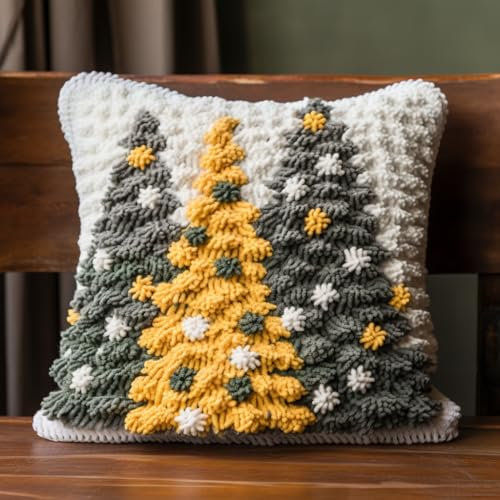 Christmas Gold Tree Latch Hook Kits Pillow Cover DIY Crochet Hook Cushion Rug Making Kits with Printed Pattern Canvas Needlework Hooking Christmas Adorment 43x43cm(y236)