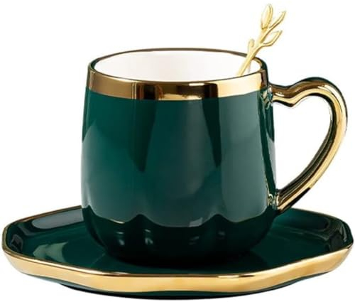 FülleMore Goldrand Keramiktasse mit Untertteller und Löffel 300ml Kaffeetasse Moderne Espressotasse mit Herzhenkel Kaffeeservice für Cappuccino,Latte,Espresso,Americano,Mokka,Tee (Grün)
