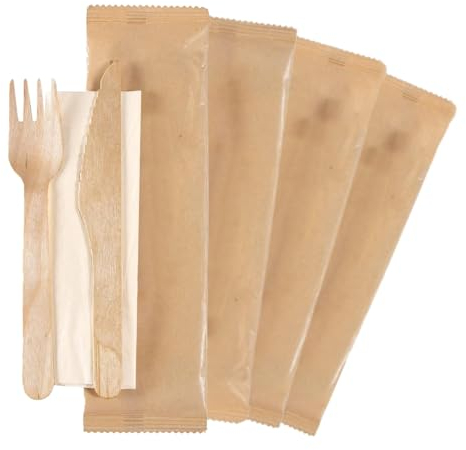 DETERMONDO 50 pezzi Set Posate Usa e Getta in Legno Imbustate Biodegradabili Compostabili con Salvietta Forchette Usa e Getta Coltelli Legno Salviette