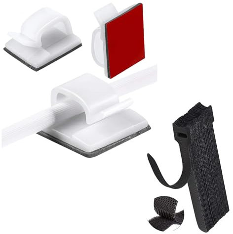 IBRIQO® 60 Clips Adhesivos para Cables + 10 Bridas Reutilizables para Organizador de Cables | Sujeta Cables Adhesivos de Mesa y Pared | Ordenar Cables en Escritorios y Oficinas (Blanco)