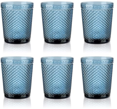 Joeyan 300ml Blau Trinkgläser Set von 6,Bunt Wassergläser Set mit Diamant Relief,Vintage Gläser Set for Zuhause Restaurant Bar,Spülmaschinenfest