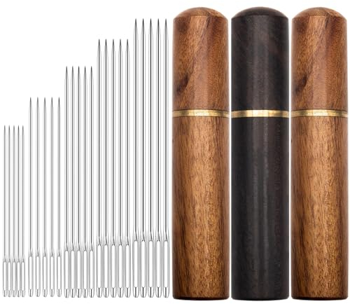 Anwlki Agujas de coser a mano, 5 variedades, con ojal grande, aguja de lana para coser, agujas de cuero (50 unidades) con 3 estuches de madera (normal)