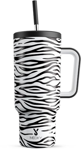 Meoky 40 oz Tumbler with Handle and Straw, Tumbler with Lid and Straw, Insulated Stainless Steel Travel Mug, 100% Leak-proof, Keeps Cold for 34 Hours or Hot for 10 Hours (Zebra)