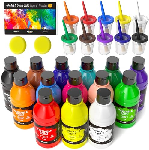 Nicpro Grande peinture lavable pour enfants de 250 ml, non toxique avec pinceaux, tasses et éponge pour l'école, la salle de classe, les loisirs créatifs, les enfants, l'affiche et la peinture au