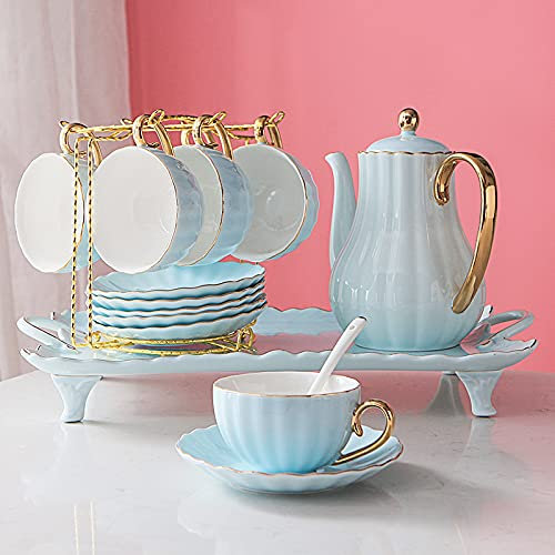 DDNGEJ Juegos de té de Porcelana, Juego de Tazas y platillos de café, Juegos de té de la Tarde con Soporte de Metal para el hogar