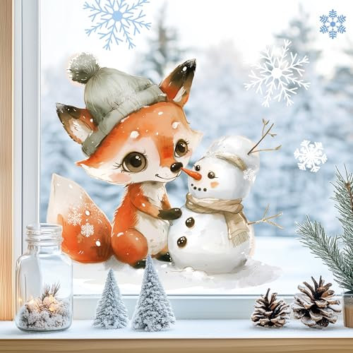 Sunnywall Fensterbilder Winter für Kinder Tiermotive in Winterszene als statisch haftende Fenstersticker, WIEDERVERWENDBAR (Fuchs, A4 Bogen)