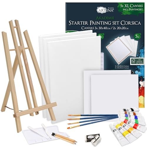 Artina 25tlg Acrylfarben Malset Corsica inkl. Tischstaffelei London – Künstler-Set mit 5 Keilrahmen, 8 Acrylfarben, Pinsel, Malpalette & Staffelei – Kompaktes Malset Erwachsene Anfänger Hobbykünstler