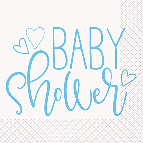 Unique 73382EU Paper Napkins-16.5 cm-Blue Hearts Baby Shower-16 Count (Pack of 1), Multicolour