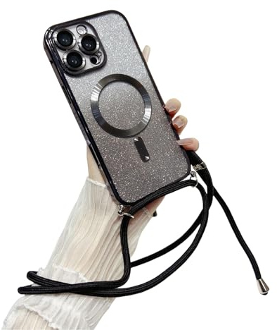 Emlivi Magnetisch Handykette Hülle für iPhone 13, Magnetic Necklace Handyhülle mit Band Glitzer Transparent TPU Case mit Kordel Verstellbarer Lanyard Schutzhülle für iPhone 13, Schwarz