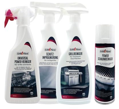 Grillfürst Grillreiniger-Set für Edelstahlgrills - Grillreiniger und Schutzimprägnierung für Grills aus Edelstahl - 4er Set für Oberflächen, Sichtscheiben, Seitenablagen und Grillrost