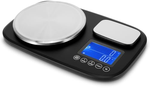 Miawtro Doppelplattform-Küchenwaage, Digitale Waage mit Zwei LCD-Displays, 1g/10kg & 0,1g/1kg Genauigkeit, Edelstahl-Wiegeschalen, Doppelwaage Pizza Ideal für Essen und Schmuck