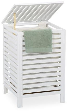 Relaxdays Wäschetruhe, herausnehmbarer Innensack, 63 l, HBT: 65,5x45x45 cm, Wäschesammler mit Deckel, Walnussholz, weiß