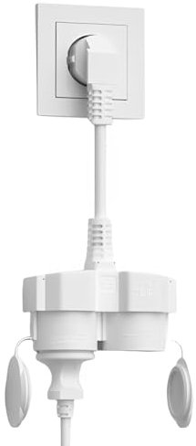 Steckdosenadapter als wetterfeste Doppelsteckdose Außen, Doppelstecker für Steckdose 2fach mit Winkelstecker & Klappdeckel (kurzes Y-Stromkabel für Innen/Außen, Weiß)