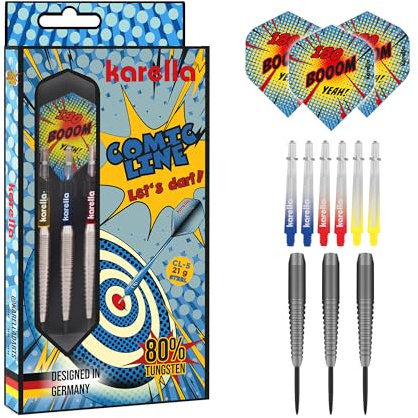 Karella Profi Steeldarts Comic-Line 80% Tungsten, 5 Modelle, 21-24 gr. formstabile Polycarbon Schäfte, Flights 100 Mic. Dartpfeile inkl. Ersatzschäfte und PVC-Box