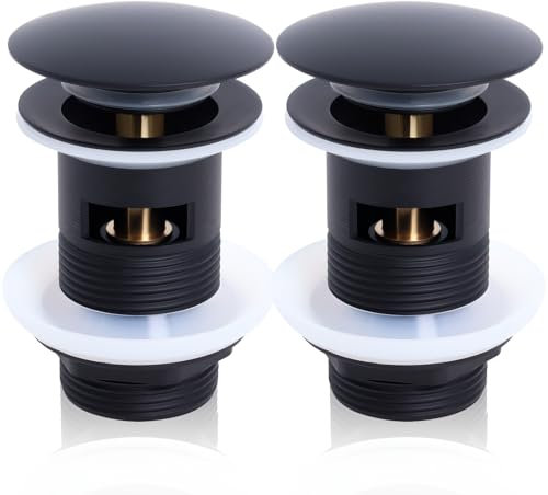 Waschbecken Ablaufgarnitur mit überlauf Abflussgarnitur Pop Up Ventil Waschtisch abfluss ventil Click Clack Schwarz– 2er Set