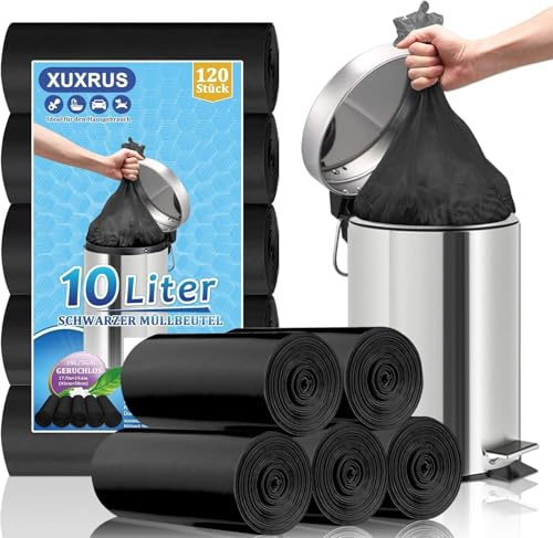 XUXRUS Sac Poubelle 10L Noir Pour Salle De Bain, 120 Pièces | Résistants Aux Déchirures Pour Usage Quotidien, Dimensions 45×50cm