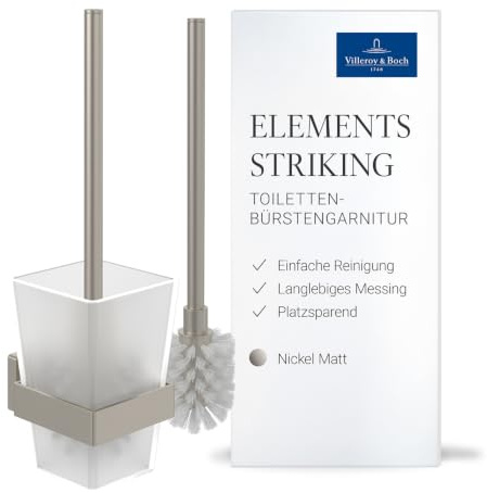 Villeroy & Boch Elements Striking Toilettenbürstengarnitur, eckig – Nickel | Für Wandmontage geeignet, Behälter aus satiniertem Glas, inklusive langlebiger Bürste, TVA15201700064