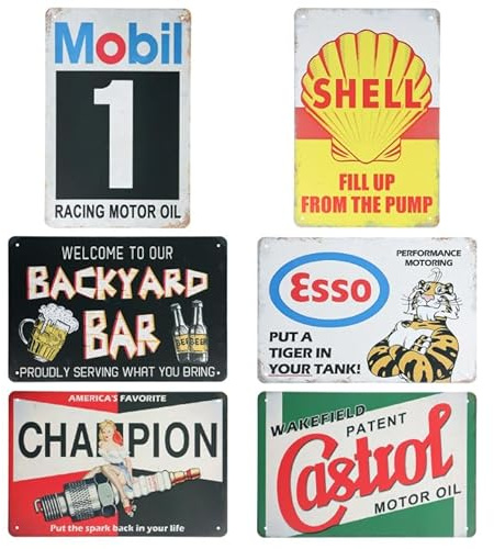 Set di 6 Targhe in Metallo Retrò, 20x30cm Targhe in Metallo per Garage, Vintage Metallo Targa da Parete in Metallo per Cafe Bar Pub Birra