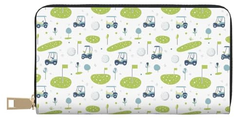 Nevjipu Dünne schlanke Geldbörse aus Leder für Damen und Herren – Cartoon-Golfwagen-Druck, modischer Kartenhalter mit Reißverschluss
