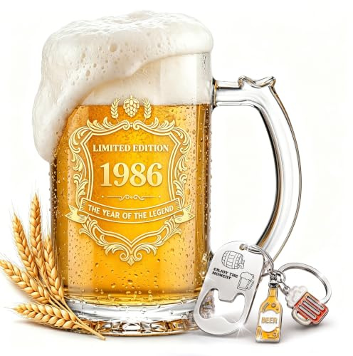 Bierkrug Geschenke zum 40. Geburtstag für Männer 500 ml,1986 Bierglas mit Gravur,Personalisierte Geschenkidee für Papa, Onkel & Opa, Weihnachts- & Ruhestandsgeschenk