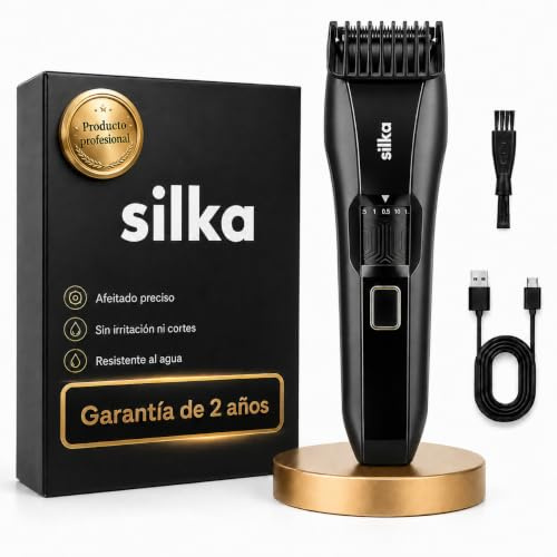 Recortadora de Barba Hombre Silka — Perfiladora Eléctrica Inalámbrica Impermeable, 20 Longitudes 0-10mm, Cuchillas Acero Inoxidable, Recargable USB-C