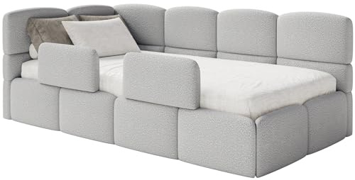 Selsey Jugendbett 120x200cm Hellgrau Bouclé Stoff mit Matratze und Lattenrost, Polsterbett mit Stauraum und Bettkasten, Kinderbett mit 2 Schutzbarrieren, Jugendbett linksseitig