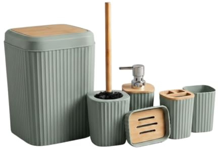 G.mütlich Badaccessoires Set 6-teilig, Badezimmer Badset Deko Holz, Grün | Inkl. Kosmetik-Mülleimer, WC-Bürste, Zahnputzbecher, Becher, Seifenspender & Seifenschale