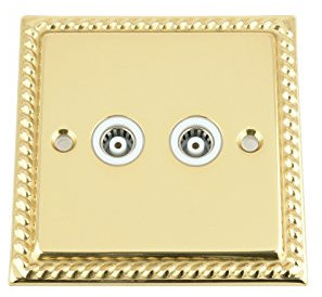 TV Coaxial Aerial Socket Double 2 Gang - Polished Brass - Georgian - White Insert
