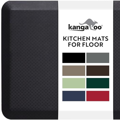 KANGAROO Thick Ergonomic Anti Fatigue Cushioned Kitchen Floor Mats, Standing Office Desk Mat, Waterproof Scratch Resistant Topside, Supportive All Day Comfort Padded Foam Rugs, 32x20, Black