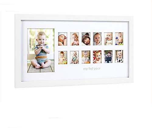 Pearhead P63008 Cornice da Parete Primo Anno con 13 Foto Bimbo, 1 Grande e 12 Piccole, Bianca