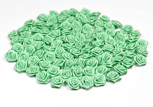 Rosen 15 mm x 100 Stück Satinrosen Aufnäher Deko Blumen Röschen zum Basteln Haarschmuck kleine Rosenköpfe Farbe: mint - aqua 513