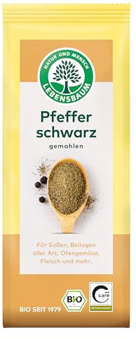 Lebensbaum Pfeffer Schwarz, Bio-Gewürz aus Indien, Schwarzer Pfeffer mit pikanter Grundnote, geeignet für Beilagen aller Art, gemahlen, 50g