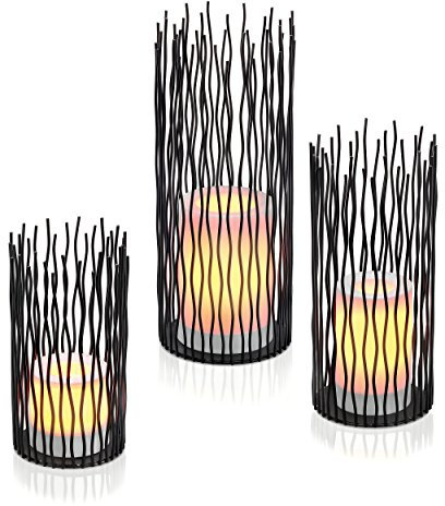African Style Batterie DekoleuchtenSIMBA 3er Set - 5 Std. Timerbetrieb oder Dauerlicht - Kunststoffkerze mit Flackerlicht - Höhen: 22,28 & 35cm - Stimmungslampe Dekolampe Leuchte - esotec 202013