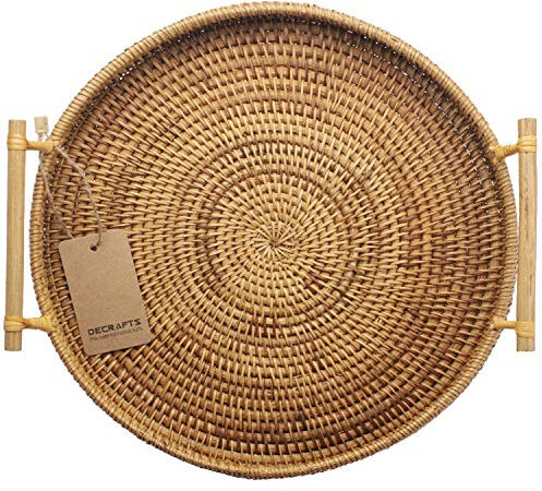 DECRAFTS Rundes Serviertablett aus Rattan, Weidengeflecht, Brotkorb mit Griffen, für Cracker, Dinnerpartys, Couchtisch, Frühstück (Natur, 32 cm)