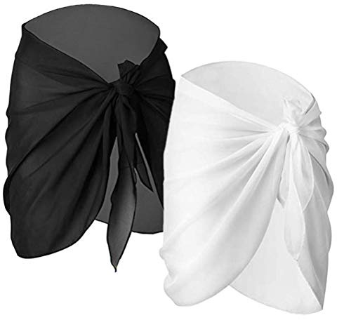 Strand Sarong Wrap kvinnor, 2-pack badkläder chiffong strand swisuit wrap sarong kort sarong chiffong bikini täcka upp baddräkt wrap klänning kjol för semester simning svart + vit