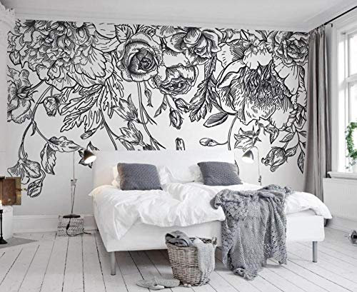 RMwallpaper Papier Peint Panoramique Croquis De Lignes Simples De Fleurs En Noir Et Blanc Papier Peint Intissé Tapisserie Murales Chambre Salon 400x280cm