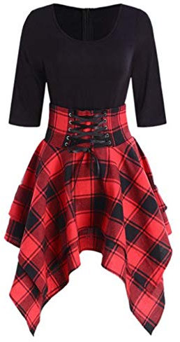 Stormdoing Fashion Women Casual Dress O-Neck Top Lace Up Tartan Plaid Print Asymmetrisches Minikleid Gr. Medium, rot