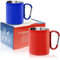 Robin Goods® 2x stainless steel thermo mug with carabiner handle - 350 ml per coffee mug - shatterproof thermo drinking mug (2 pieces - blue/red - with snap handle)