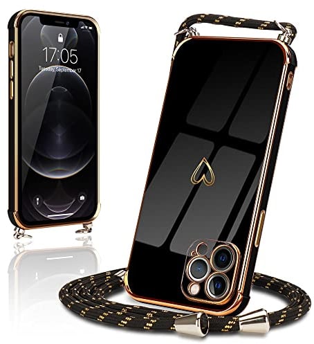 Micoden for iPhone 12 Pro Max Case with Strap Crossbody Lanyard Cord Neck Cute Heart for Girls Women Holder with Necklace Silicone Shockproof Cover for iPhone 12 Pro Max Black