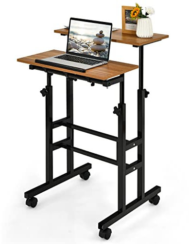 GOPLUS Bureau d'Ordinateur Assis-Debout Réglable en Hauteur 2 en 1, Poste de Travail à roulettes Verrouillables Portable Réglable 60x60x72-123cm (Noyer)