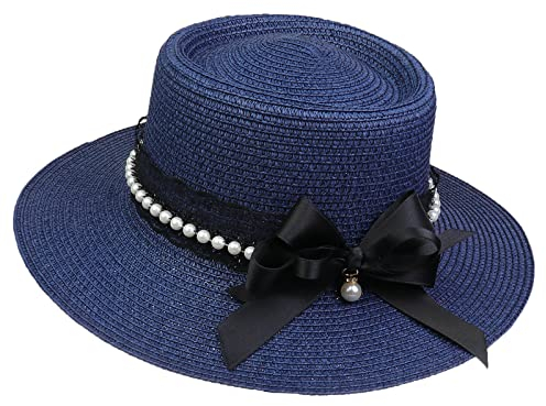 JK Home Panama Eté Femme Chapeau de Soleil avec Nœud de Papillon Capeline Large Bord pour Plage Mariage Camping Marine Bleu