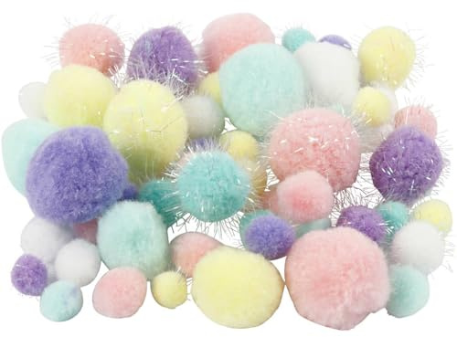 Pompons, D: 15-40 mm, Glitter, Pastellfarben, 62 g/ 1 Pck creotime