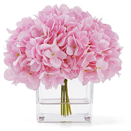 RubyStory Künstliche Blumen aus Seide, rosa Hortensien, in Vase mit künstlichem Wasser, Seidenblumenarrangements in Vase für Heimdekoration, Hochzeitstisch (Rosa)